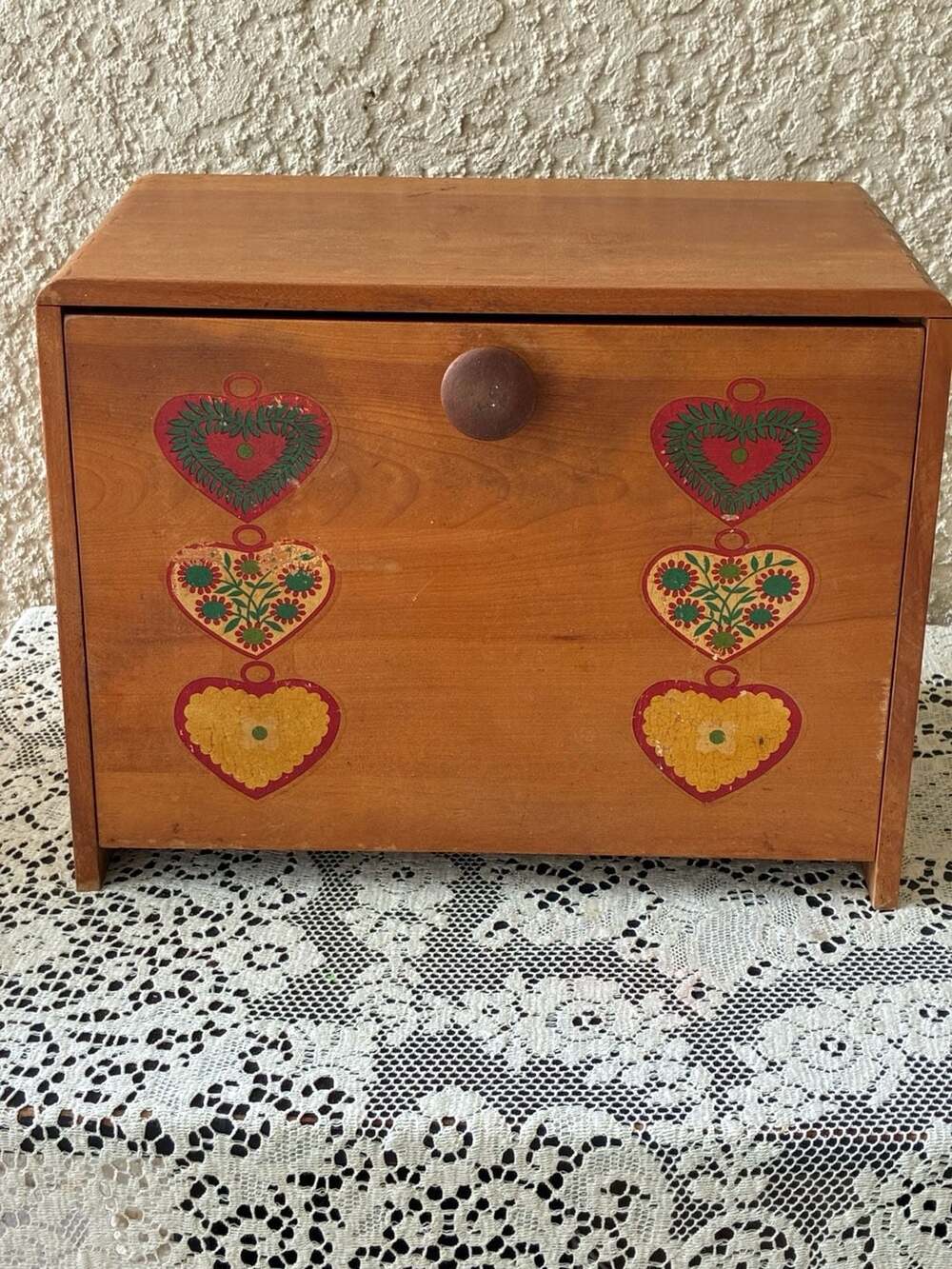 Vintage Wooden Bread Box with Hearts